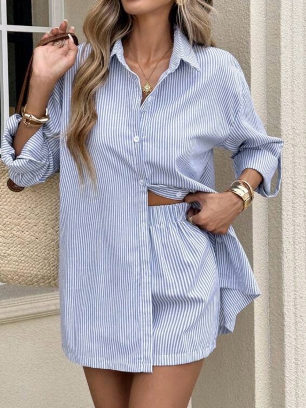 Blue Pinstripe Oversized Shirt with Matching Shorts